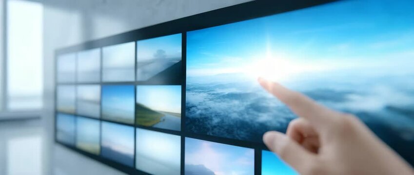 Interactive Smart Screen: A hand delicately interacts with a cutting-edge smart screen, showcasing an array of captivating images and videos in a modern and sleek setting.