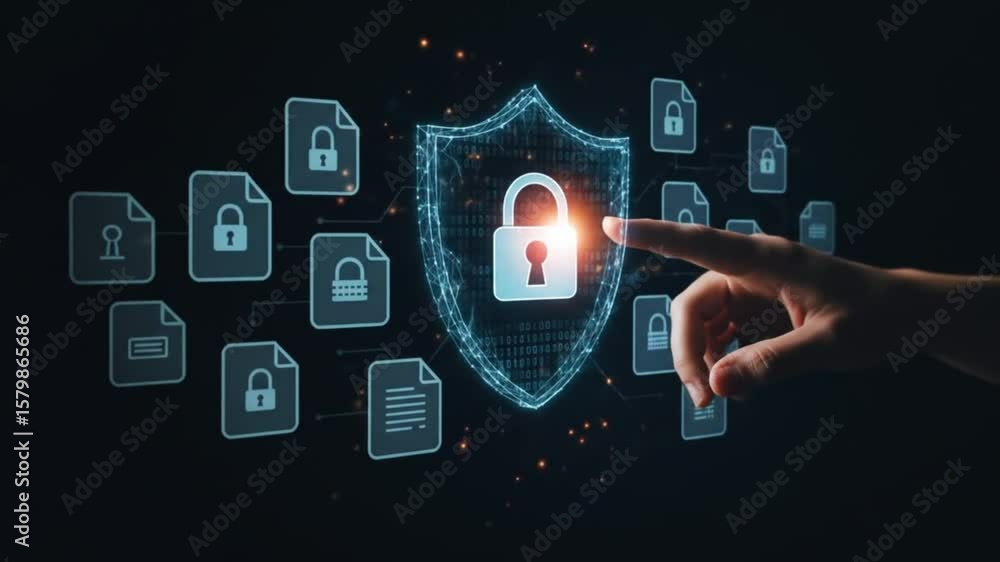 Poster hand interacting with digital shield and document icons representing data security measures online n