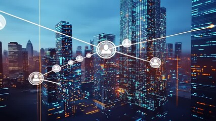 Futuristic city skyline at dusk with digital network connections among people icons - Powered by Adobe