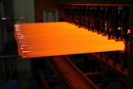 Glowing orange glass tubes on industrial conveyor heat