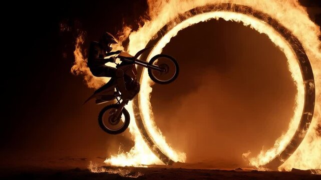 Daring motorcycle stunt between blazing fire rings at night showcasing thrilling skills and adrenaline-fueled excitement in an outdoor venue