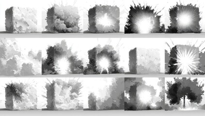 Gray-scale explosion graphic design. Multiple, repeating cubes with radiating, splatter effects, showing various stages of explosion