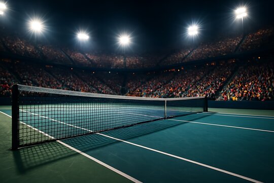 A dramatic view of a tennis court illuminated with bright stadium lights, crowd visible above.