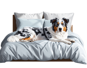 Australian Shepherd Merle Dog Lying Comfortably on Bed, isolated on transparent background PNG