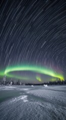 Star Trails and Northern Lights Over Snowy Forest Landscape

