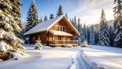 Naklejka premium Snowy log cabin nestled in a winter forest