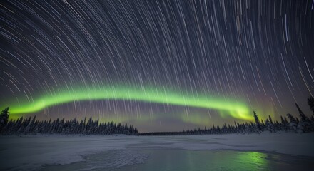 Aurora Borealis and Star Trails Over Frozen Forest Lake
