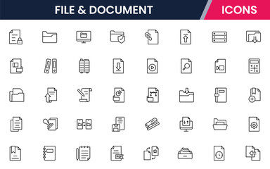Vector line icons of files, folders, documents, PDFs, uploads, downloads, editing, sharing, archiving, and storage perfect for digital platforms, apps, and websites.