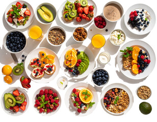 Sunlit Healthy Breakfast Spread with Fruits, Grains, and Smoothies &ndash; Top View, AI Generated