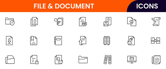 Vector line icons of files, folders, documents, PDFs, uploads, downloads, editing, sharing, archiving, and storage perfect for digital platforms, apps, and websites.