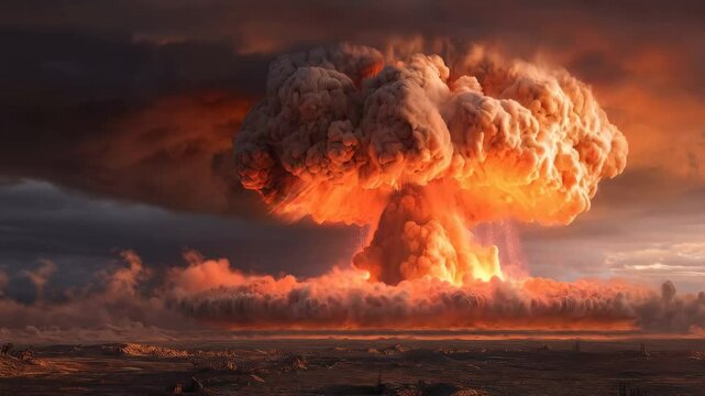 Mushroom cloud formation over a desolate landscape following a large explosion at sunset