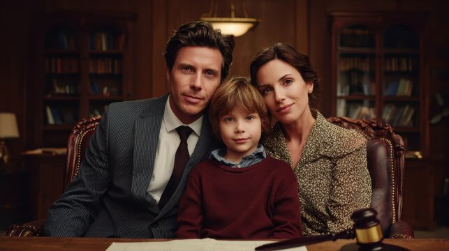 A family sits together in a law office, looking content and united, with legal books and a gavel visible in the background