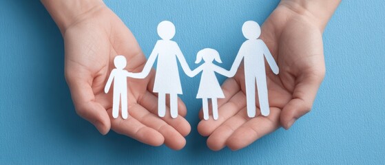 Two hands gently hold a paper cutout of a family of four against a blue background, symbolizing care and protection