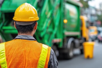 A sanitation worker in a safety vest and helmet stands near a garbage truck and bin on a city street
