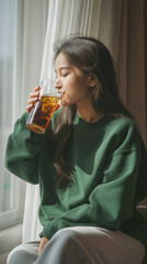 a close up shot of an Asian woman drinking cola, she is wearing long sleeve green sweatshirt