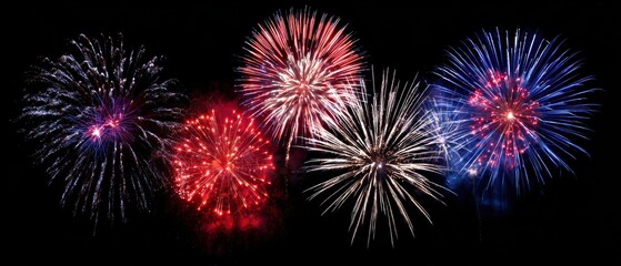 Colorful fireworks burst in the night sky, showcasing vibrant red, blue, and white explosions against a dark background
