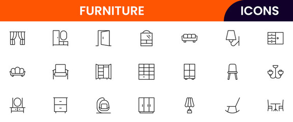 Vector line icons of chairs, tables, sofas, beds, cabinets, home decor, interior design, and furnishings ideal for furniture websites, apps, and catalogs.