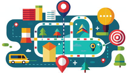 An illustration featuring a map with a clearly marked route, often including destination pins, travel icons, or a winding path