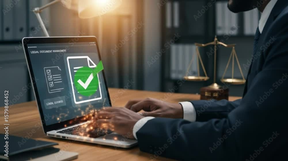 Poster man typing on a laptop displaying legal document management with scales of justice in background