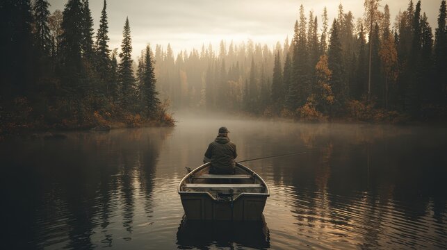 A person sits alone in a small boat fishing on a calm, misty lake surrounded by dense pine forest at sunrise