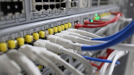 Network cables plugged into a server switch, with indicators and ports visible, representing data connectivity and IT infrastructure