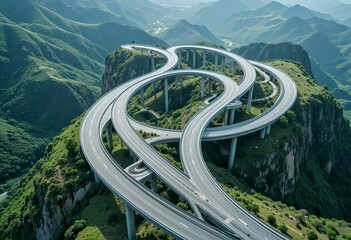 aerial view of a looping mountain road supported by pillars, winding through rugged green terrain under a soft, clear sky