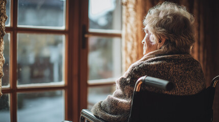 Elderly woman in a wheelchair looking out the window of her room
