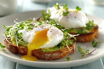 Two slices of toast topped with poached eggs, avocado, and fresh microgreens, with yolk running onto the plate