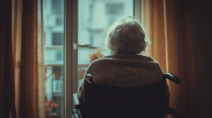 Elderly woman in a wheelchair looking out the window of her room