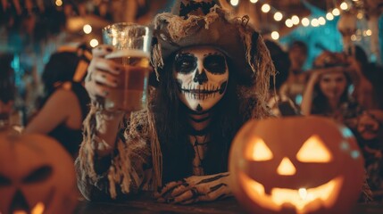 A person in skeleton makeup and costume celebrates Halloween at a festive party, holding a drink beside a glowing carved pumpkin