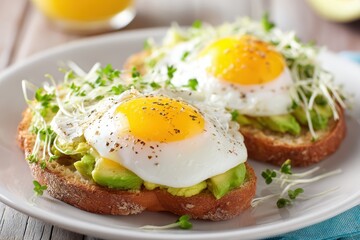 Two slices of toast topped with avocado, sunny-side up eggs, sprouts, and black pepper, served on a white plate