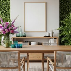 Fototapeta premium Beautiful Dining Room With Greenery and Floral Arrangement