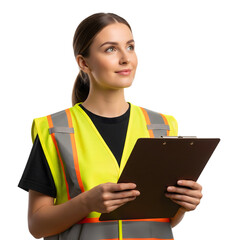 A young woman in a safety vest holds a clipboard and looks thoughtfully upward, isolated on transparent background