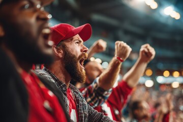 Fans passionately cheer at a sports event, wearing team colors and celebrating in a stadium filled with excitement