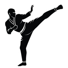 Black Silhouette Illustration Man Practicing Martial Arts, Performing High Kick Technique