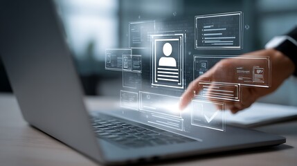 Person Using Digital Interface with Profile Data on Laptop Screen