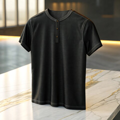 Black Henley T-Shirt Mockup on Marble Table