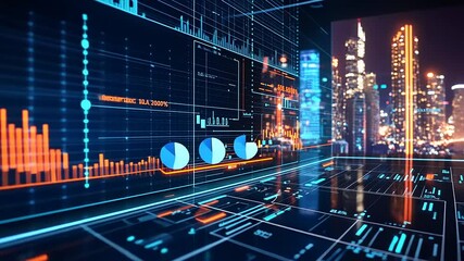 Futuristic cityscape with digital data overlays showcasing urban life and technology integration - Powered by Adobe