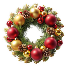 3d illustration of a festive christmas wreath with red and gold ornaments isolated on transparent background