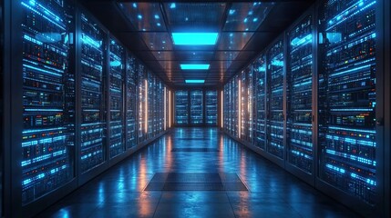 Futuristic business data hub filled with LED-lit servers and fiber optic cables