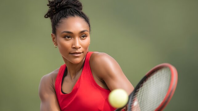 Female tennis player swinging racket with expression of focus