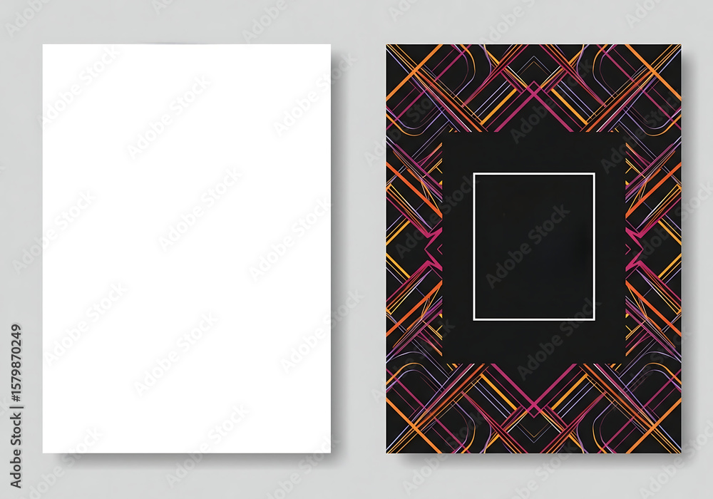 Poster Two rectangular sheets one white blank and one with a colorful abstract design and a black square frame