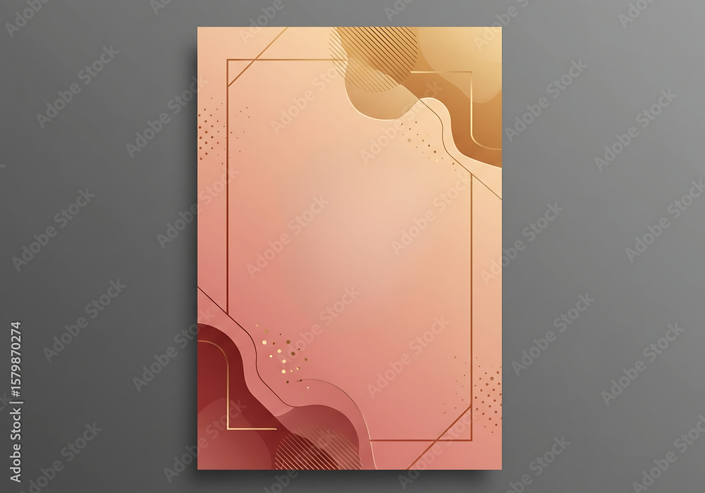 Poster Abstract peach background with geometric shapes and gold frame on a gray surface backdrop