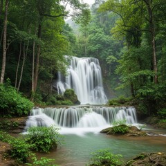 Serene cascading waterfall flowing through a lush green forest with dense foliage and trees