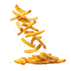 Golden crispy french fries falling on a transparent background food photography concept