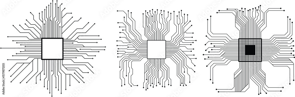 Poster circuit board icon set. electronic motherboard circuit vector symbol. electronics microchip technolo