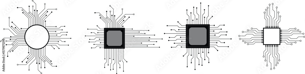 Poster Abstract Technology Background circuit board pattern icons set isolated transparent. Ai chip electronics and connected dots. Data tech bg black flat and line motherboard vector Communication concept
