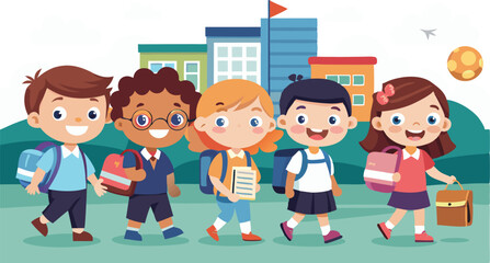 An illustration featuring diverse school children, often depicted in playful or educational scenarios, symbolizing learning, friendship, and childhood