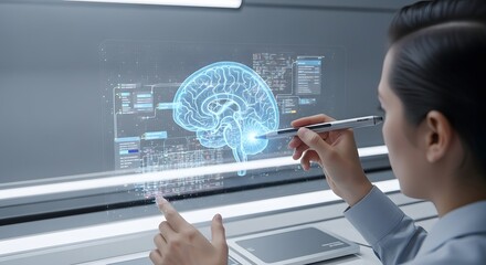 A female medical researcher analyzes a digital brain hologram using advanced technology in a clinical lab environment.