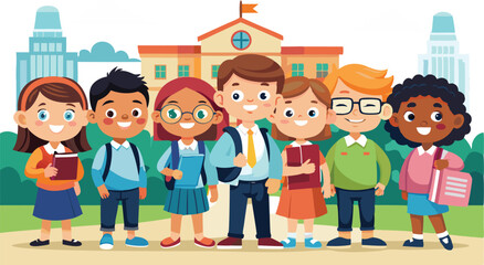 An illustration featuring diverse school children, often depicted in playful or educational scenarios, symbolizing learning, friendship, and childhood